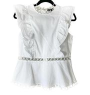 Aqua White Cap Sleeve Ruffle Trim Eyelet Cut Out Blouse Size Medium