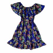 Merona lapis blue multicolor floral print ruffle sun dress with detachable sash