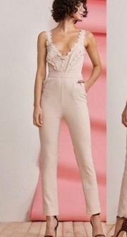 Anthropologie Foxiedox Womens size L Idris Beige Scalloped Jumpsuit Pocket Retro