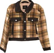 Jacket Denim Faux Fur Plaid Tan Black Cropped Women’s Large