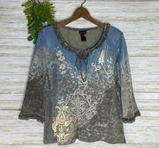 Multiples Tie Dye Gray Blue Embroidered Ruffle Trim 3/4 Sleeve