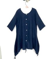 Bryn Walker Blue Linen Sharkbite Drawstring Hem Button Front Tunic Top Size Med