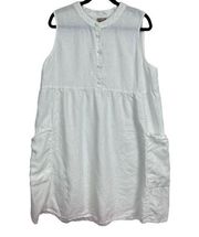 J. Jill Linen Midi Dress XL White Sleeveless Patch Pockets Fabric Covered Button