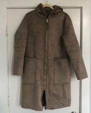 shearling lined suede reversible long jacket women’s medium zip up neutral