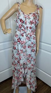 NWT  Printed High Low Floral Maxi Dress Ruffle Hem Blue Cream Red Large