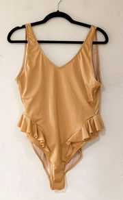 Something Navy Ruffle Frill Open Back One Piece Swimsuit in Gold Size Medium