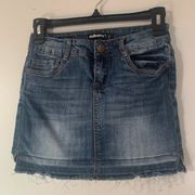 Dollhouse Womens Mini Jean Skirt Size 1 Dark Wash Denim Frayed Raw Released Hem.