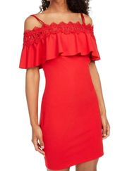 New  Lace Trim Ruffle Off Shoulder Spaghetti Strap Bodycon Dress Red
