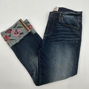 Driftwood Colette Cropped Embroidered Floral Raw Hem Jeans Size 29