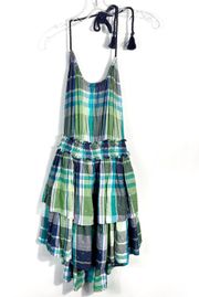 Blue & Green Patchwork Metallic Plaid Halter Layered Ruffle Mini Dress S