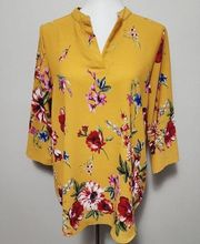 Profile Apparel Mustard Floral Split Neck ¾ Sleeve Blouse Size Medium