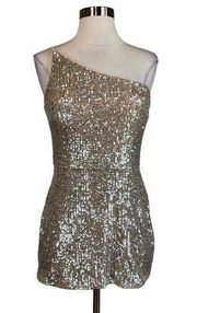 Women's Cocktail Dress Size 10P Gold Sequined One Shoulder Mini Sheath