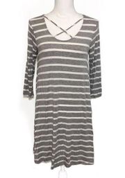 New Heather Gray White Striped Strappy Loose Dress