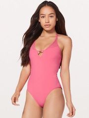 Lululemon “Wave Wonderer” wanderer glossy one piece swimsuit swimwear pink coral