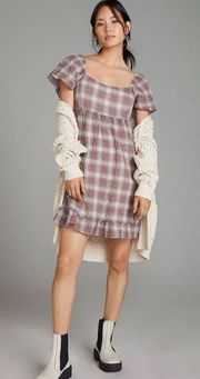 Maeve  Grey & Red Plaid Flutter Sleeved Mini Dress- Size Small