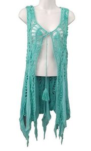 Papermoon Cardigan Women Medium Green Crochet Knit Coverup Beach Kimono