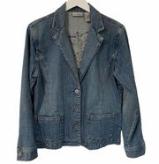 Chico's Platinum Jean Jacket Denim Blazer Heart Embroidery Women's Sz 8 Medium