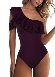 Womens Single Shoulder Asymmetric Swimsuit Deep Merlot Ruffle Size 12 NWT #S-629