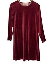 Vintage LL Bean Size Medium Burgundy Velour Dress Babydoll Long Sleeve