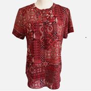 Red Print Half Button Down Short Sleeve Blouse Women’s Size Small