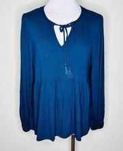 Wonderly Peasant Babydoll Top LARGE Jersey Knit Navy Blue Balloon Sleeve Peplum