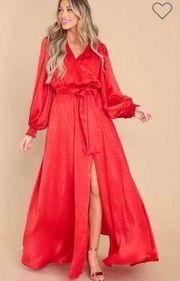 Aura Settle The Score Red Satin Maxi Dress Faux Wrap S NEW