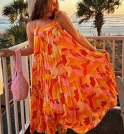 Abel The Label Orange Pink Boho Maxi Dress Trapeze Tiered Oversized XS NWT