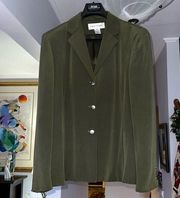 Rena Rowena Olive Green Long Length Silk Blazer Sz 12