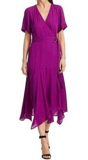 A.L.C.  Purple Claire Handkerchief Hem Silk Faux Wrap Midi Dress Womens Size 6