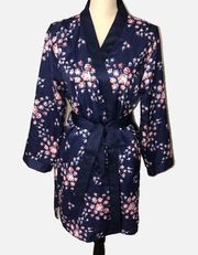 Morgan Lane Navy Floral Satiny Kimono Style Short Robe Size S/M Red Floral NEW