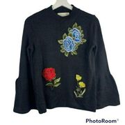 Artisan Crafted Democracy Floral Embroidered Crew Bell Sleeve Sweater Women’s XS