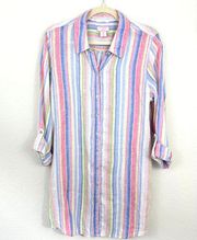 St. Tropz West Women's 100% Linen Pastel Striped Coverup Tunic Shirt Pink Size L