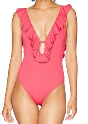 NWT Michael Kors Ruffled Low Cut One Pice Swimsuit Grapefruit Pink Size 10 NEW