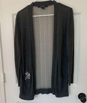 89th & Madison Gray Cardigan Sweater with Pockets and Sheer Back w/Racoon Accent