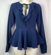 Lulus Navy Blue Deep V-Neck Peplum Top Long Sleeve