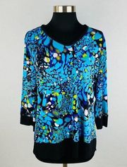 Laura Ashley Womens Medium M Colorful Abstract Animal Print Top Pleated V Neck