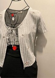 New With Tags Front Tie Gray Embroidered open Tee​​​