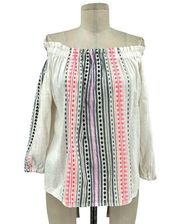 LEMLEM Striped Off Shoulder Blouse In White Pink Black Embroidery Size XS