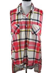 New York Laundry Womens Plus SZ 3X Plaid Hi-Low Sleeveless Button Down Shirt