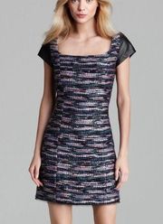 MILLY tweed and leather cap sleeve dress