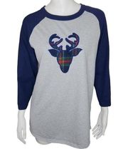 Sport Tek Womens Christmas Plaid Deer Embroidered Baseball Tee Gray Blue Medium