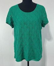 Market & Spruce Hans Crochet Front Mixed Material Short Sleeve Top Large Green