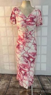 Lucy Paris pink tie dye drawstring cutout midi dress size small