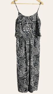 CeCe Black White Floral Print Wide Leg Sleeveless Jumpsuit Size M