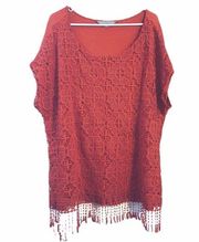 Valerie Stevens Fiery Red Fringe Lace Overlay Top Blouse Plus 2X Boho Festival