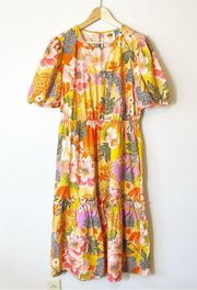 Farm Rio Maribel Midi Dress Floral Puffed Sleeves Anthropologie Size Large