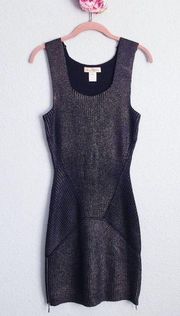 Mara Huffman Black‎ Metallic Knit Ribbed Bodycon Dress with Zipper Details