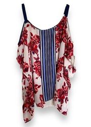 HeartSoul Plus Womens Blouse Sz 3X Cold Shoulder Red White Blue Floral