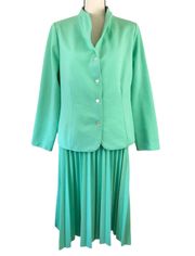 Vintage 70s 80s Mint Green Textured Skirt Suit Pleated Skirt 16 1/2