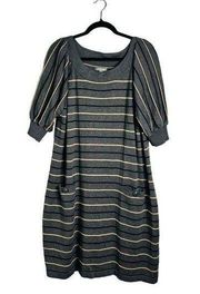 Roz & Ali Puff Sleeve Sweater Dress w/ Pockets Gray Stripe Plus Size 18 / 20